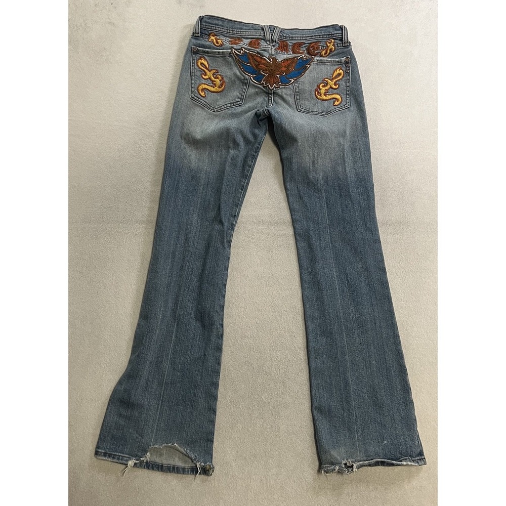 Miss Me Jeans Women's Size 29x32 Blue Denim Embroidered Peace Bootcut Distressed